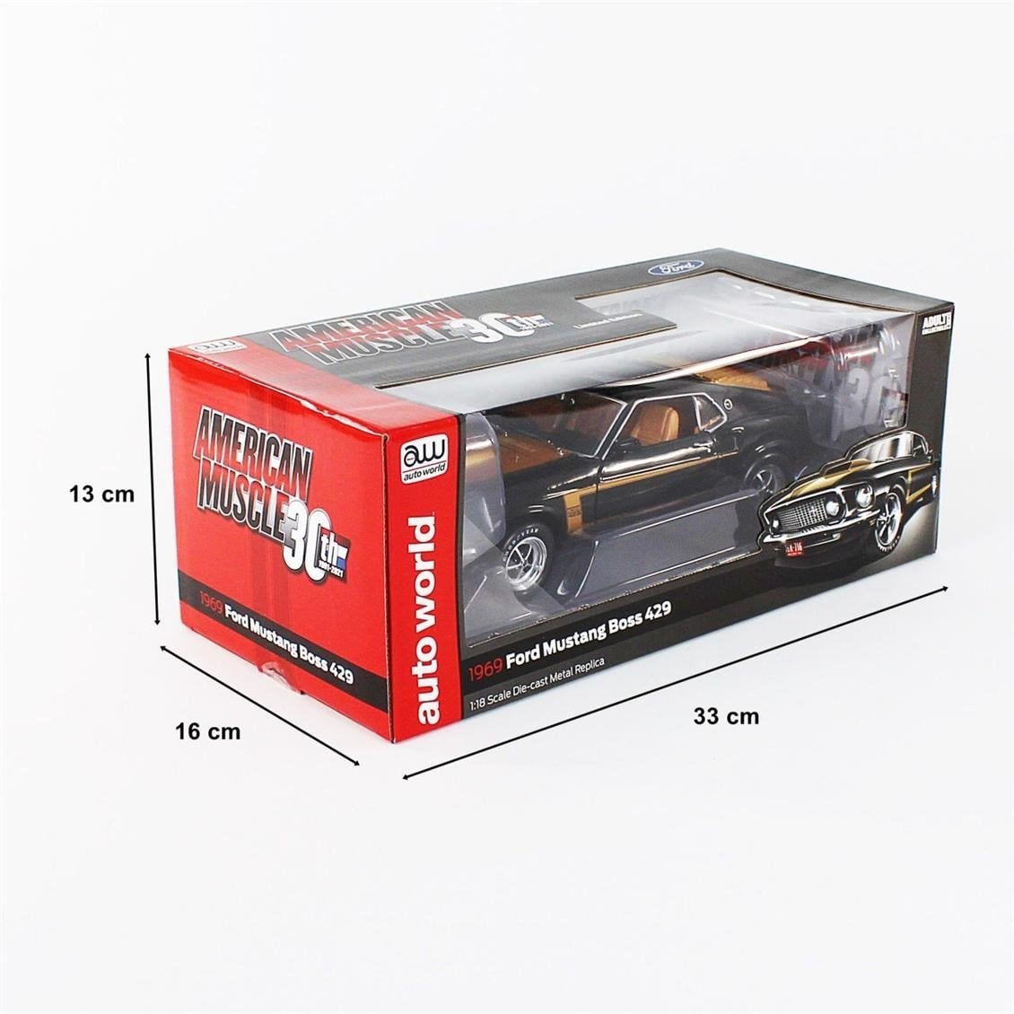 AutoWorld AMM1251 1/18 Ölçek, 1969 Ford Mustang Boss 429 Fastback, Raven Black w/Gold, Sergilemeye Hazır Metal Araba Modeli