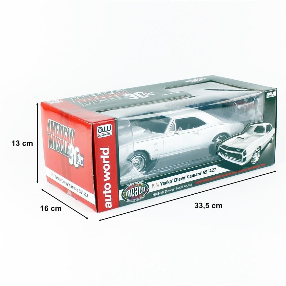 AutoWorld AMM1261 1/18 Ölçek, 1967 Chevy Camaro HT MCACN, White, Sergilemeye Hazır Metal Araba Modeli