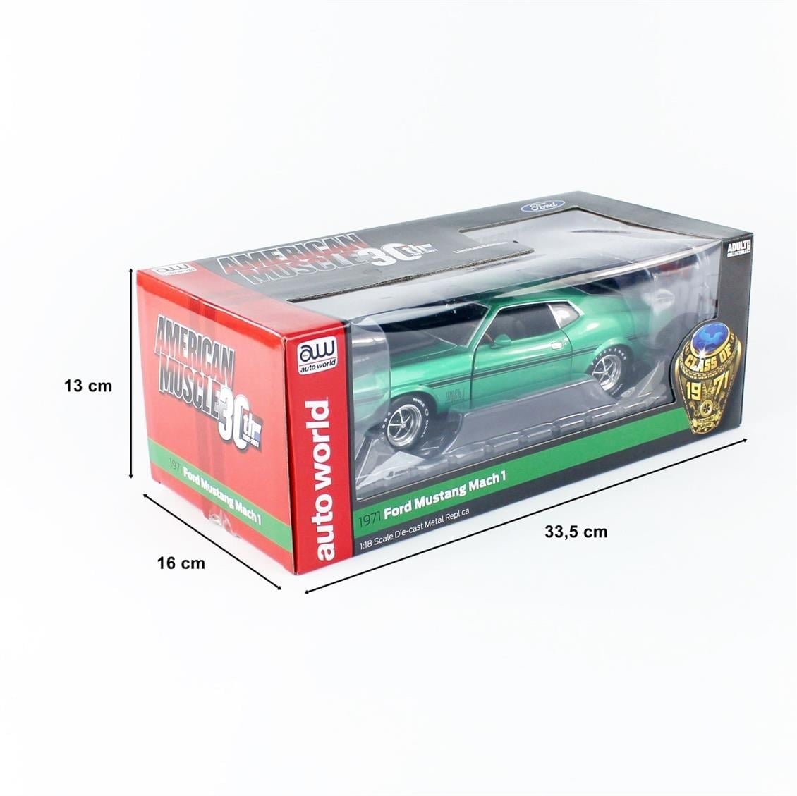 AutoWorld AMM1262 1/18 Ölçek, 1971 Ford Mustang Mach 1 CO71, Dark Green, Sergilemeye Hazır Metal Araba Modeli
