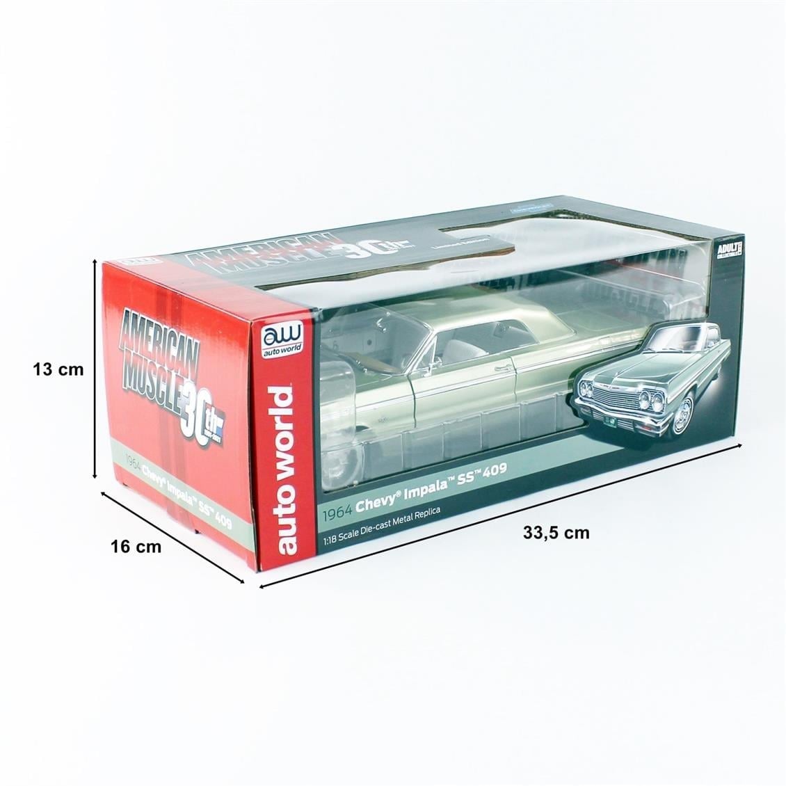 AutoWorld AMM1264 1/18 Ölçek, 1964 Chevy Impala SS 409, Meadow Green, Sergilemeye Hazır Metal Araba Modeli