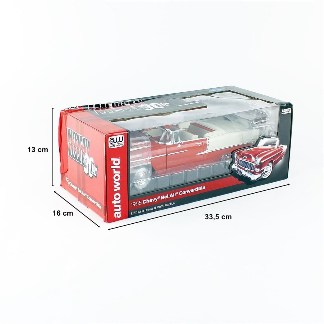 AutoWorld AMM1265 1/18 Ölçek, 1955 Chevy Belair Convertible, Red White, Sergilemeye Hazır Metal Araba Modeli