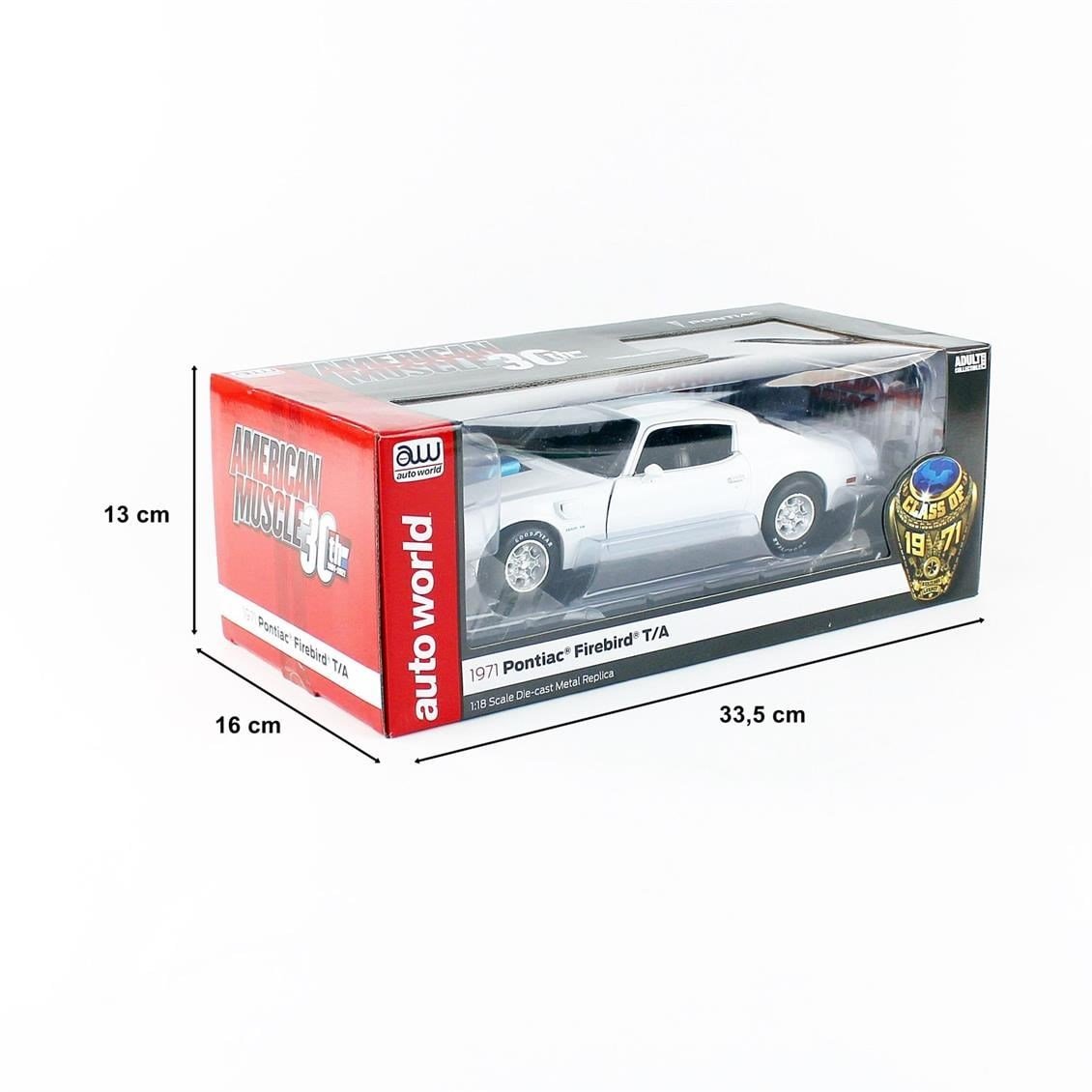 AutoWorld AMM1267 1/18 Ölçek, 1971 Pontiac Firebird Trans Am, White, Sergilemeye Hazır Metal Araba Modeli