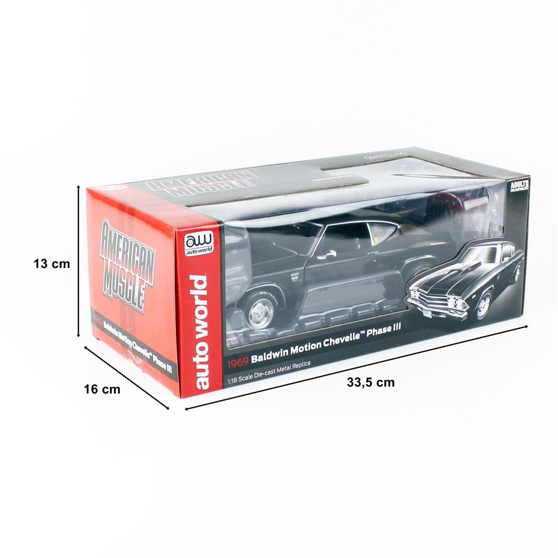 AutoWorld AMM1269 1/18 Ölçek, 1969 Chevy Chevelle Baldwin Motion, Tuxedo Black, Sergilemeye Hazır Metal Araba Modeli