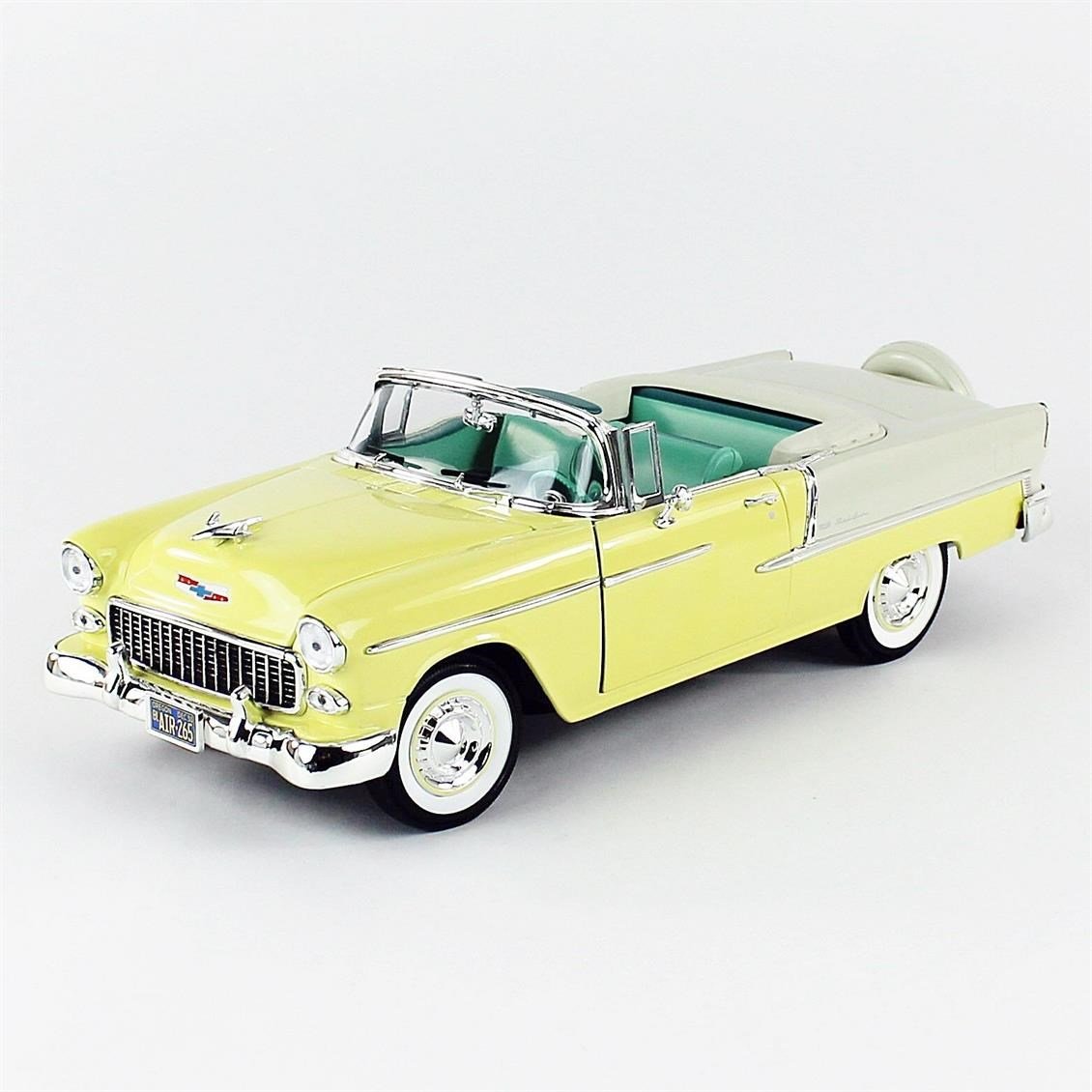AutoWorld AMM1285 1/18 Ölçek, 1955 Chevy Bel Air Convertible, Yellow, Sergilemeye Hazır Metal Araba Modeli
