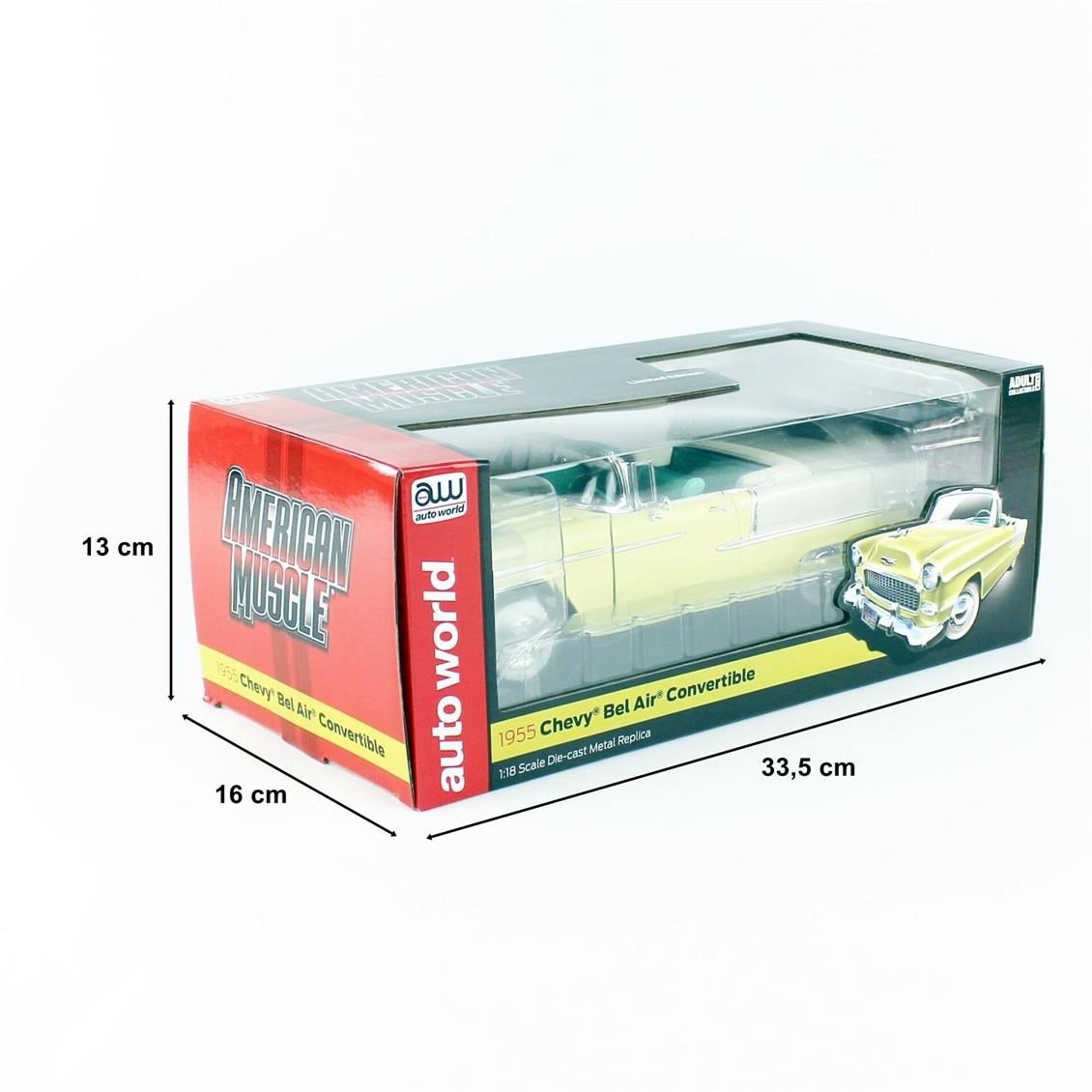AutoWorld AMM1285 1/18 Ölçek, 1955 Chevy Bel Air Convertible, Yellow, Sergilemeye Hazır Metal Araba Modeli