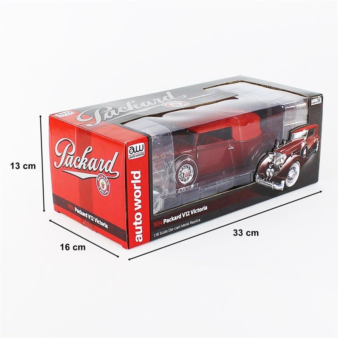 AutoWorld AW271 1/18 Ölçek, 1934 Packard V12 Victoria Soft Top, Red, Sergilemeye Hazır Metal Araba Modeli