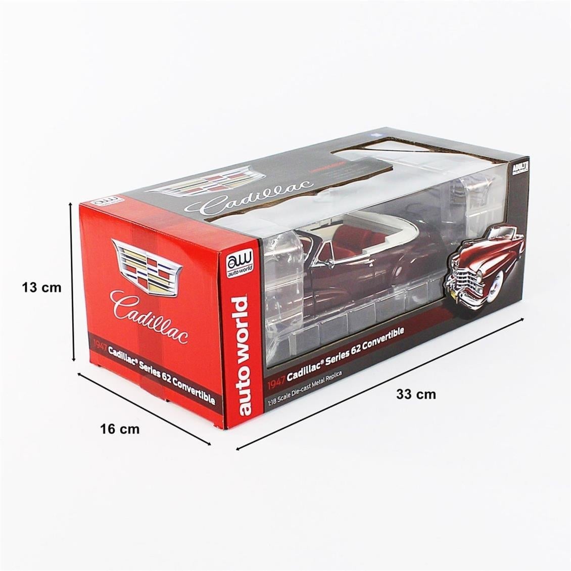AutoWorld AW273 1/18 Ölçek, 1947 Cadillac Series 62 Cabriolet, Burgundy, Sergilemeye Hazır Metal Araba Modeli