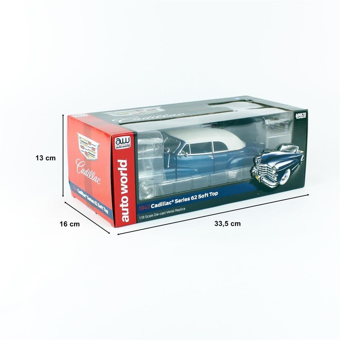 AutoWorld AW274 1/18 Ölçek, 1947 Cadillac SRS 62 Soft Top, Blue, Sergilemeye Hazır Metal Araba Modeli
