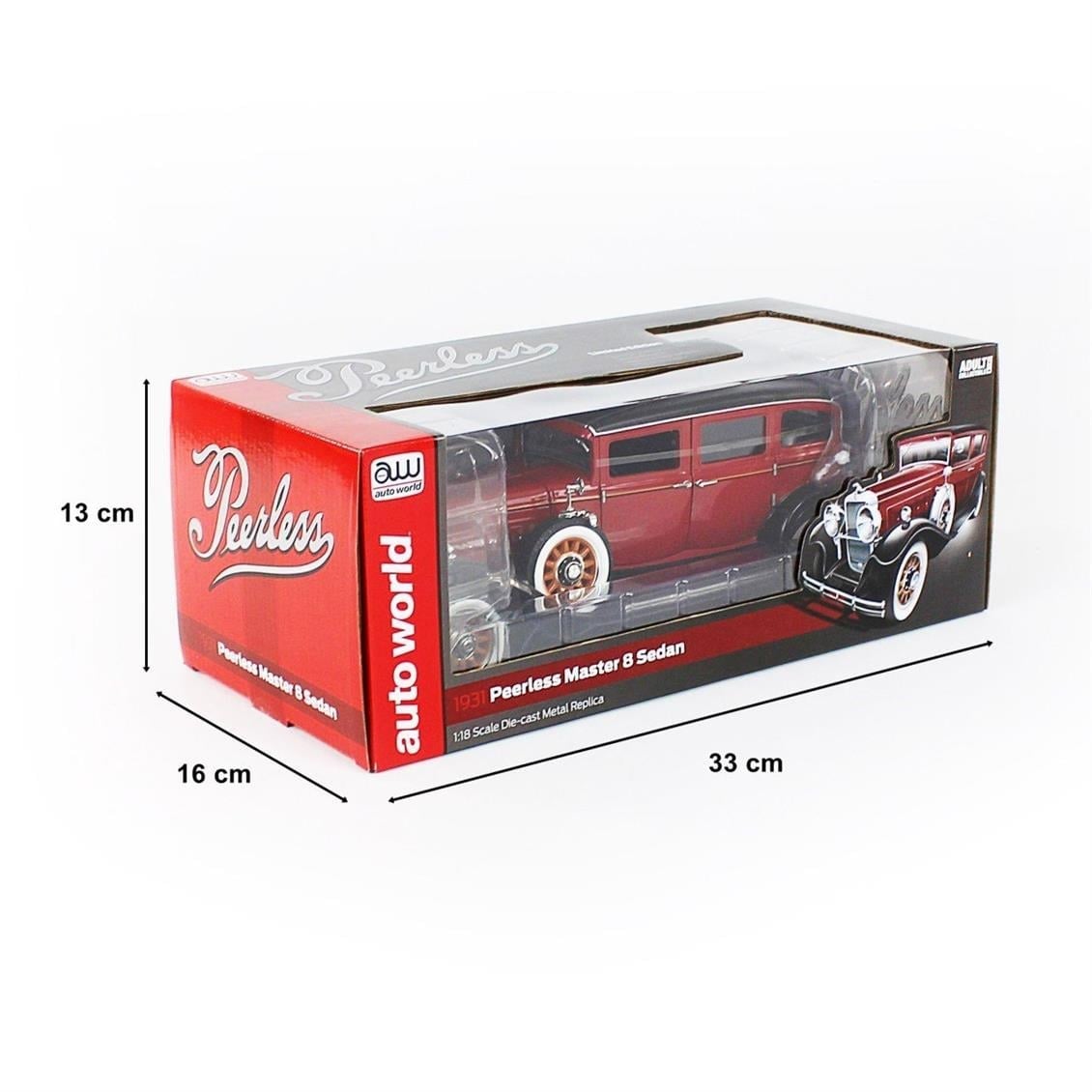 AutoWorld AW284 1/18 Ölçek, 1931 Peerless Master 8 Sedan, Red & Black, Sergilemeye Hazır Metal Araba Modeli
