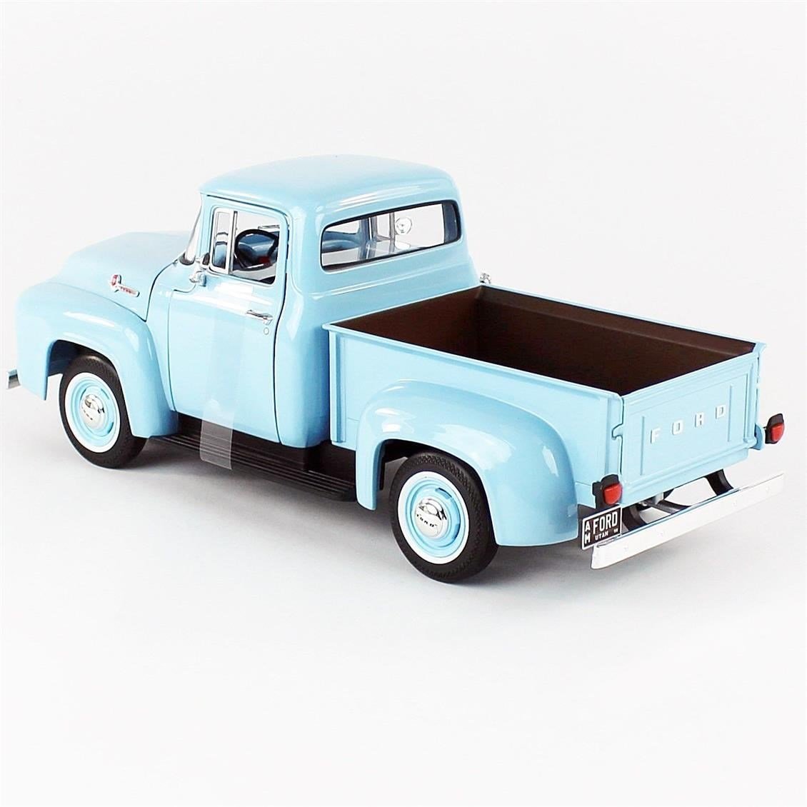 AutoWorld AW290 1/18 Ölçek, 1956 Ford F100 Pickup, Diamond Blue, Sergilemeye Hazır Metal Kamyonet Modeli