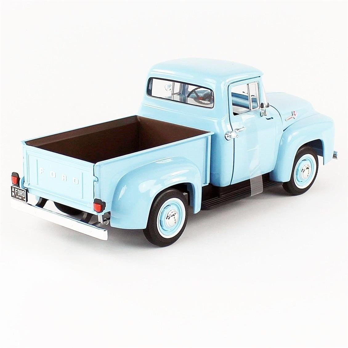 AutoWorld AW290 1/18 Ölçek, 1956 Ford F100 Pickup, Diamond Blue, Sergilemeye Hazır Metal Kamyonet Modeli