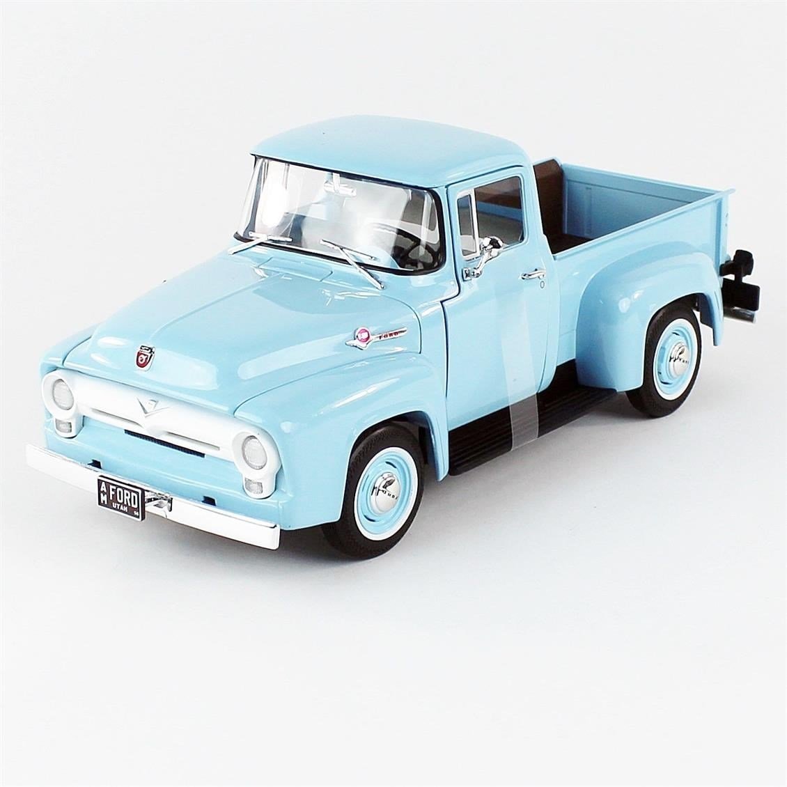 AutoWorld AW290 1/18 Ölçek, 1956 Ford F100 Pickup, Diamond Blue, Sergilemeye Hazır Metal Kamyonet Modeli