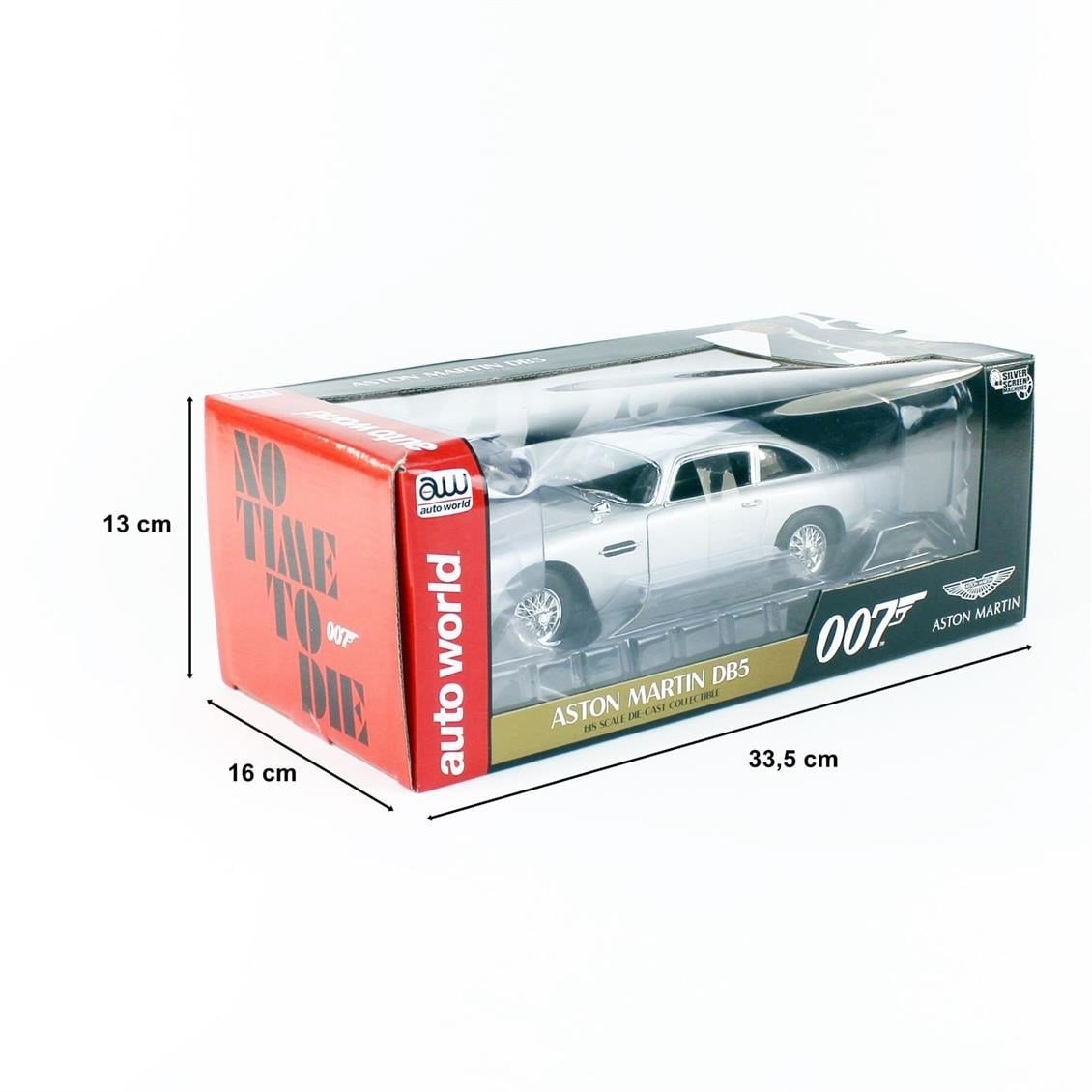 AutoWorld AWSS131 1/18 Ölçek, 1965 James Bond Aston Martin No Time To Die, Silver, Sergilemeye Hazır Metal Araba Modeli