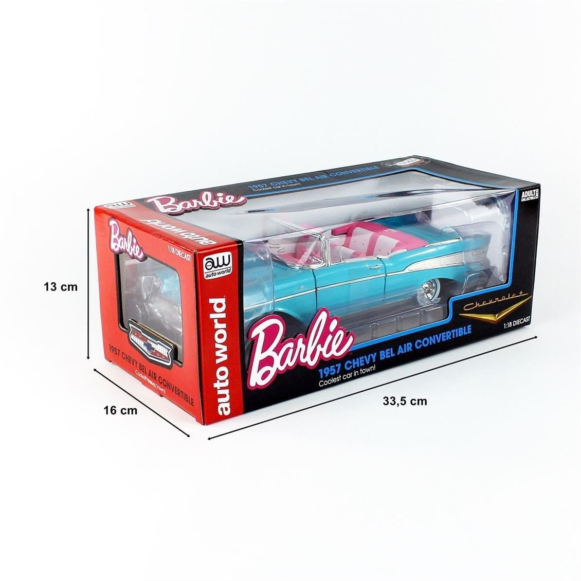 AutoWorld AWSS135 1/18 Ölçek, 1957 Barbie Chevy, Aqua Blue, Sergilemeye Hazır Metal Araba Modeli