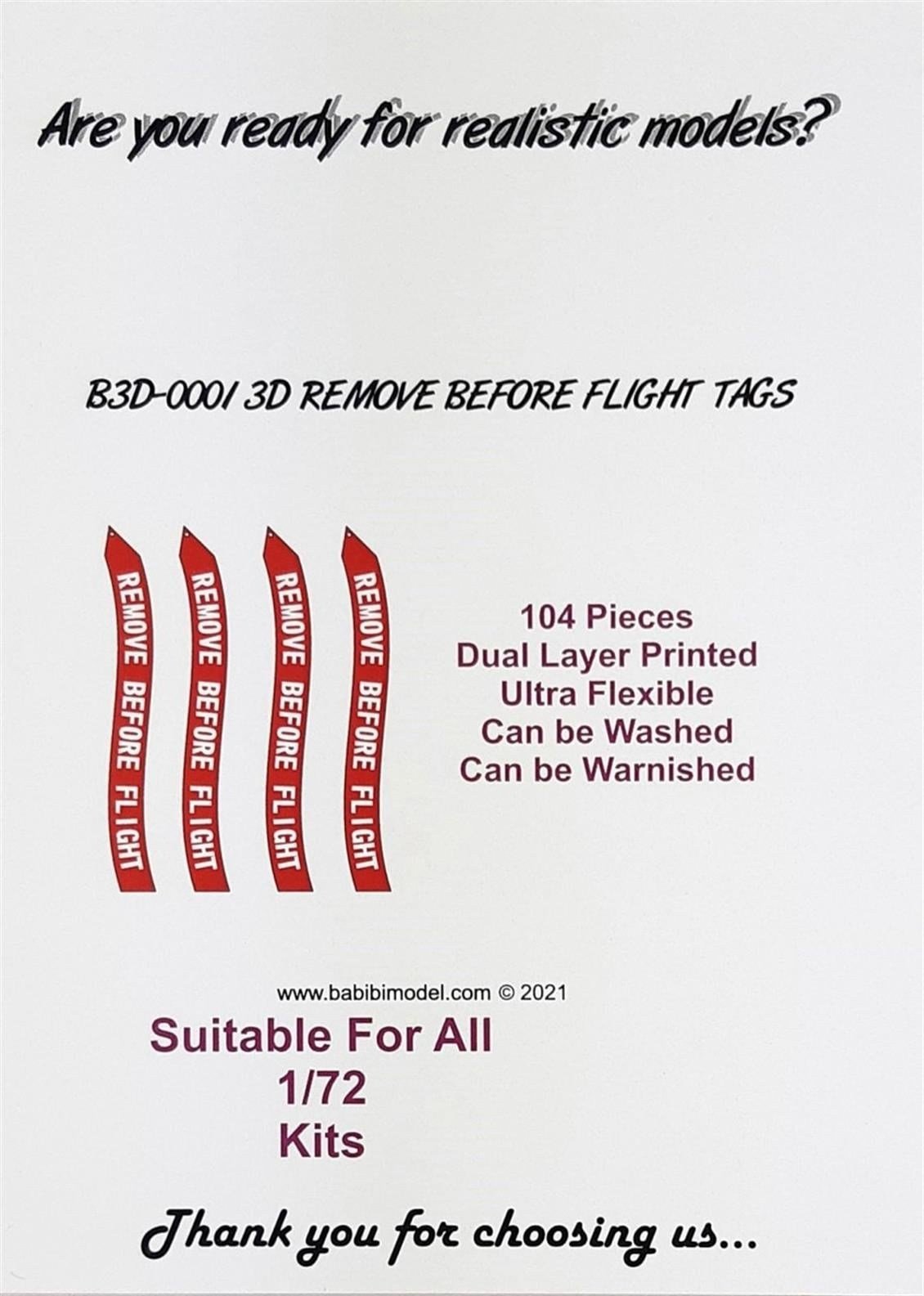 Babibi B3D-0001 1/72 Ölçek, Remove Flight Tags, 3 Boyutlu Dekal Çıkartma