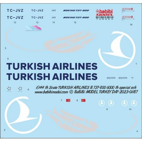Babibi DAT-01187 1/144 Ölçek, Türk Hava Yolları Boeing 737-800 6000 Yolcu Uçakları, Dekal Çıkartma