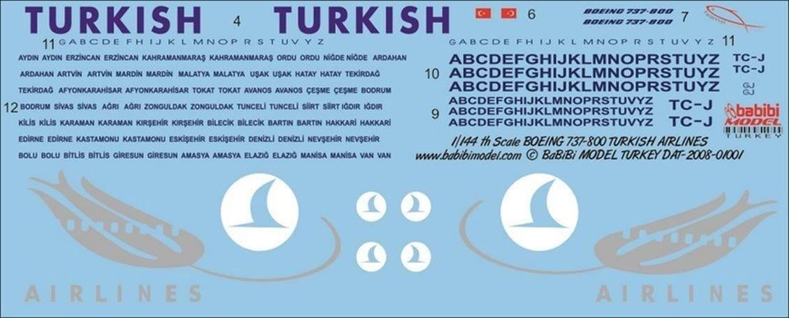 Babibi DAT01001 1/144 Ölçek, Thy, Boeing 737-800, Dekal Çıkartma