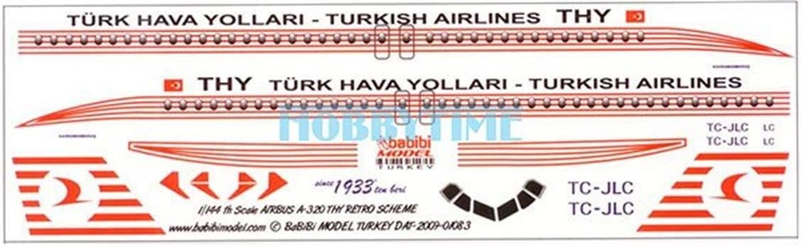 Babibi DAT01083 1/144 Ölçek, Thy, Airbus A320, Retro Şema, Dekal Çıkartma