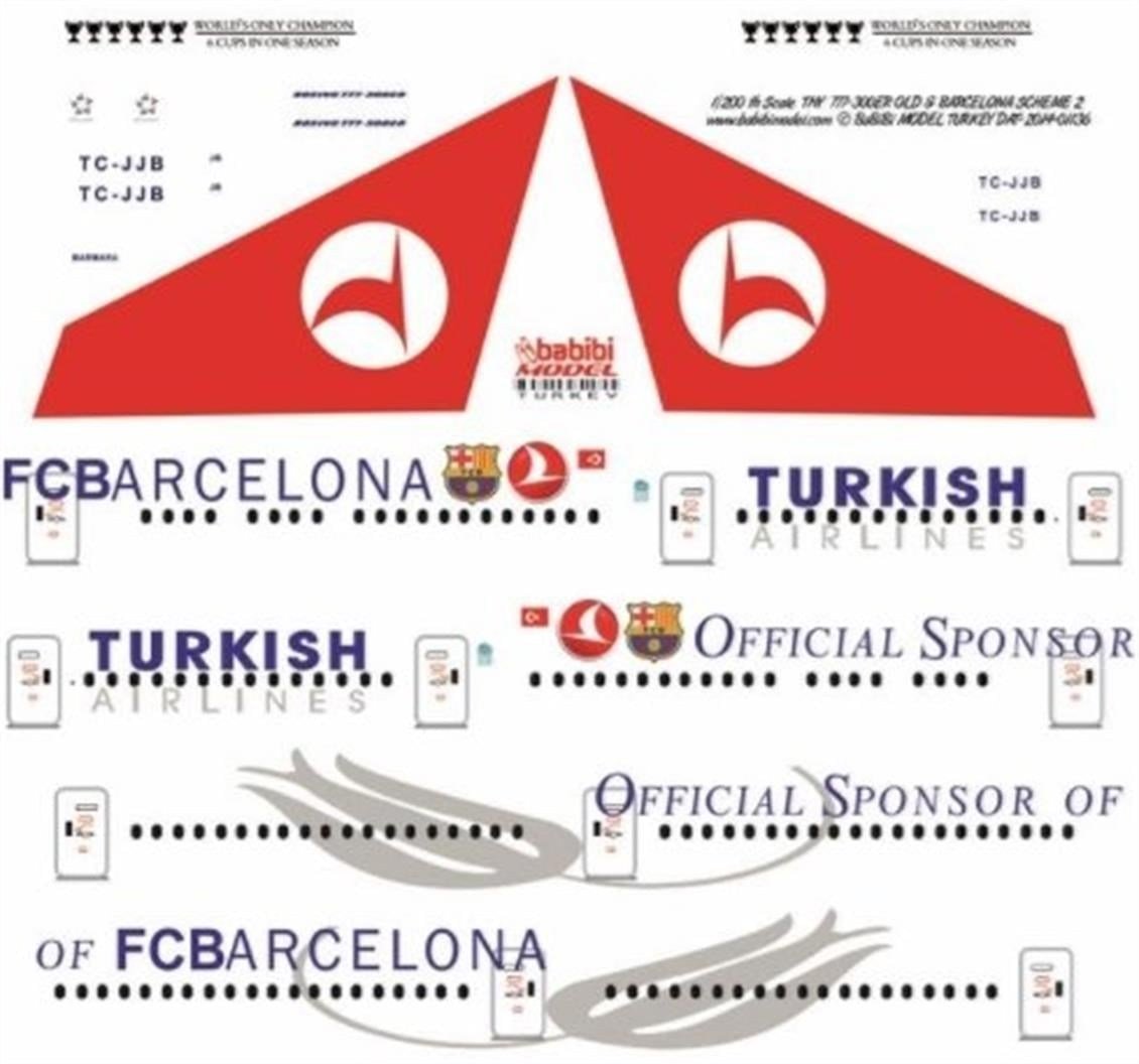 Babibi DAT01136 1/200 Ölçek, Thy, Boeing 777-300ER, Old & Barcelona, Dekal Çıkartma