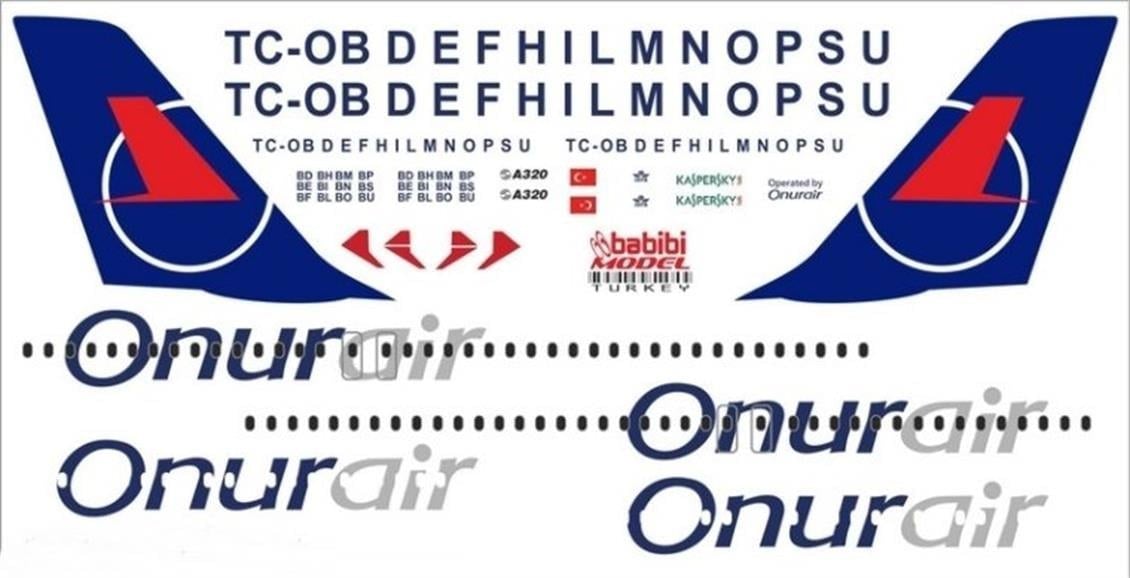 Babibi DAT01164 1/144 Ölçek, Onur Air, Airbus A320-233, Şema-1, Dekal Çıkartma