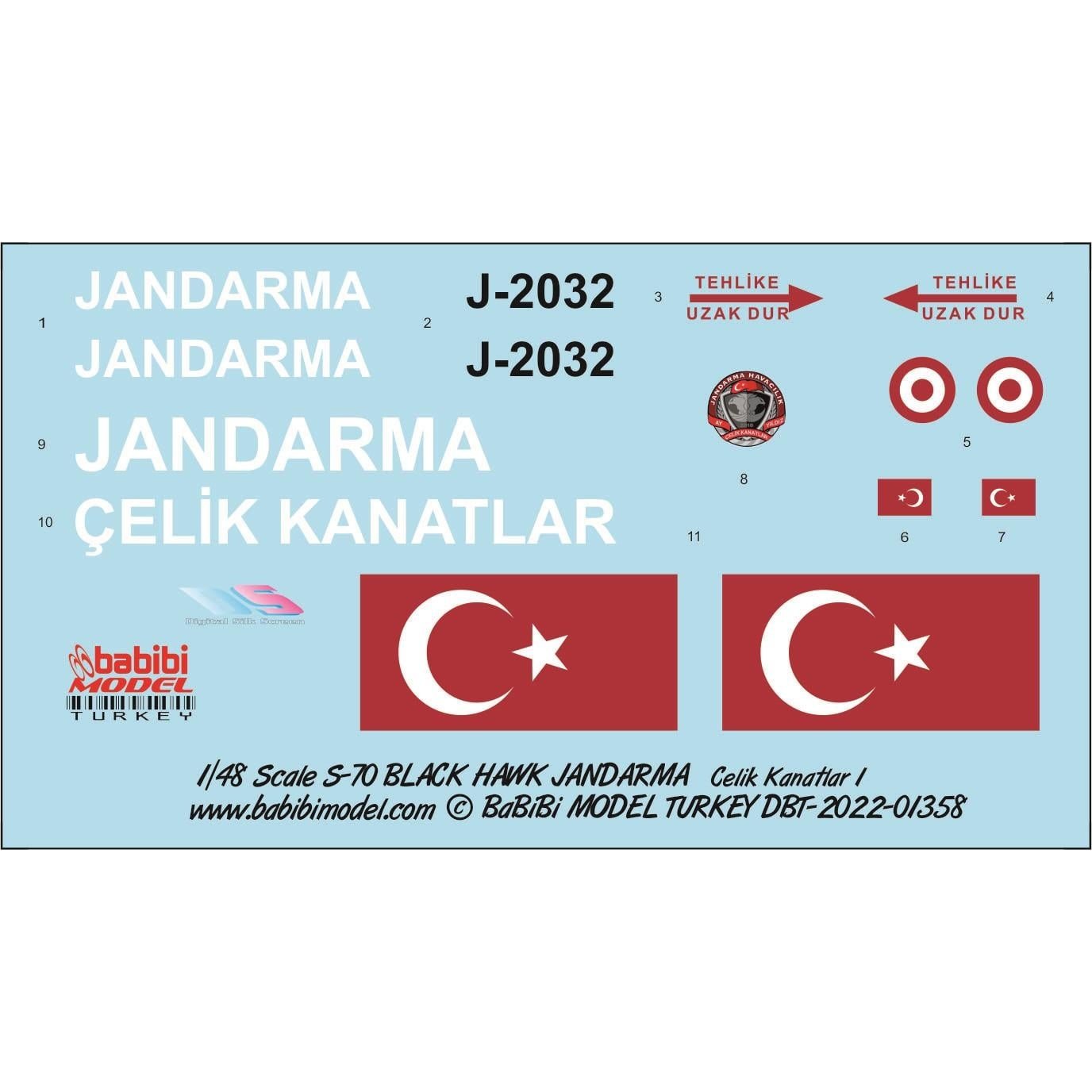 Babibi DBT-01358 1/48 Ölçek, Sikorsky S-70 Black Hawk Türk Askeri Polisi Çelik Kanatlar, Dekal Çıkartma