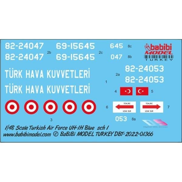 Babibi DBT-01366 1/48 Ölçek, UH-1H Irak Türk Hava Kuvvetleri Mavi Kamuflajı, Dekal Çıkartma