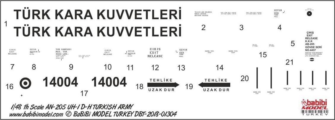 Babibi DBT01304 1/48 Ölçek, UH-1 ve AB-205, Kara Kuvvetleri, Dekal Çıkartma