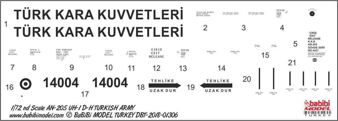 Babibi DBT01306 1/72 Ölçek, UH-1 ve AB-205, Kara Kuvvetleri, Dekal Çıkartma