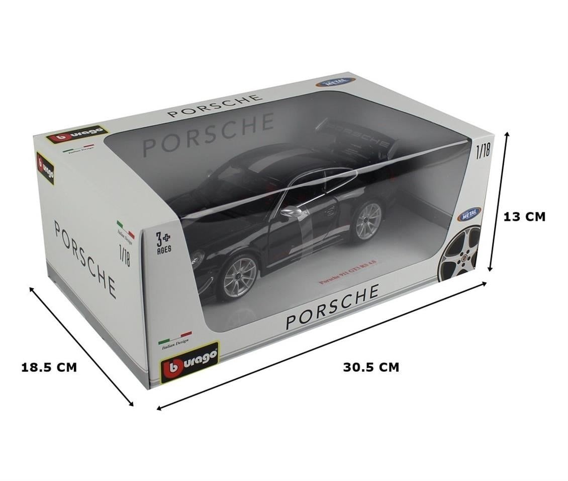 Bburago 11036 1/18 Ölçek, 2012 Porsche GT3 RS 4.0, Siyah-Gümüş, Sergilemeye Hazır Metal Araba Modeli