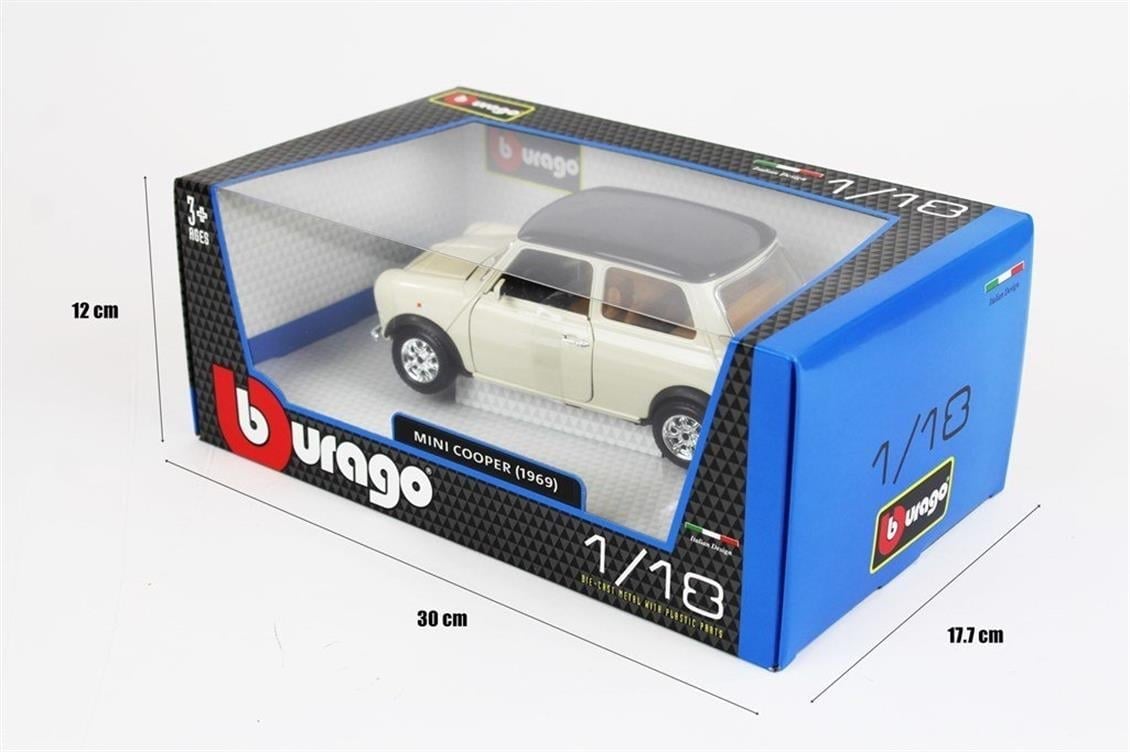 Bburago 12036 1/18 Ölçek, 1969 Mini Cooper, Krem-Siyah, Sergilemeye Hazır Metal Araba Modeli