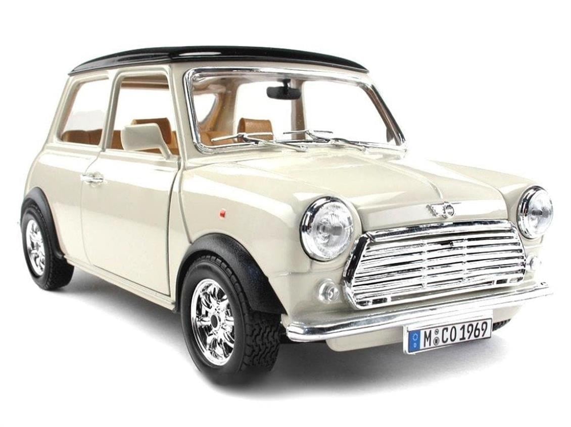 Bburago 12036 1/18 Ölçek, 1969 Mini Cooper, Krem-Siyah, Sergilemeye Hazır Metal Araba Modeli