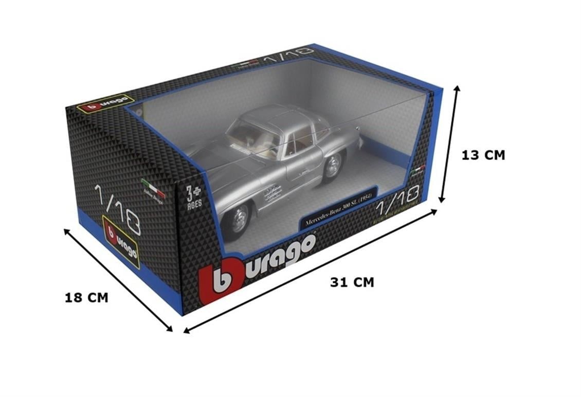 Bburago 12049 1/18 Ölçek, 1957 Mercedes Benz 300SL, Gümüş, Sergilemeye Hazır Metal Araba Modeli