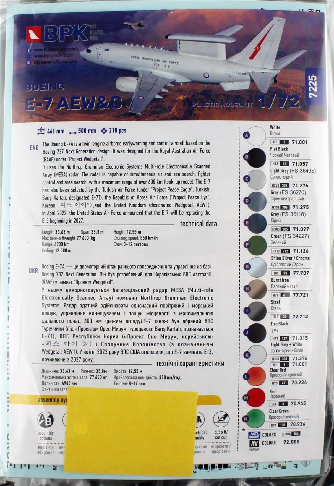 Big Planes Kits 7225 1/72 Ölçek, E-7A Wedgetail, Havadan Erken İkaz Uçağı, Plastik Modl Kiti