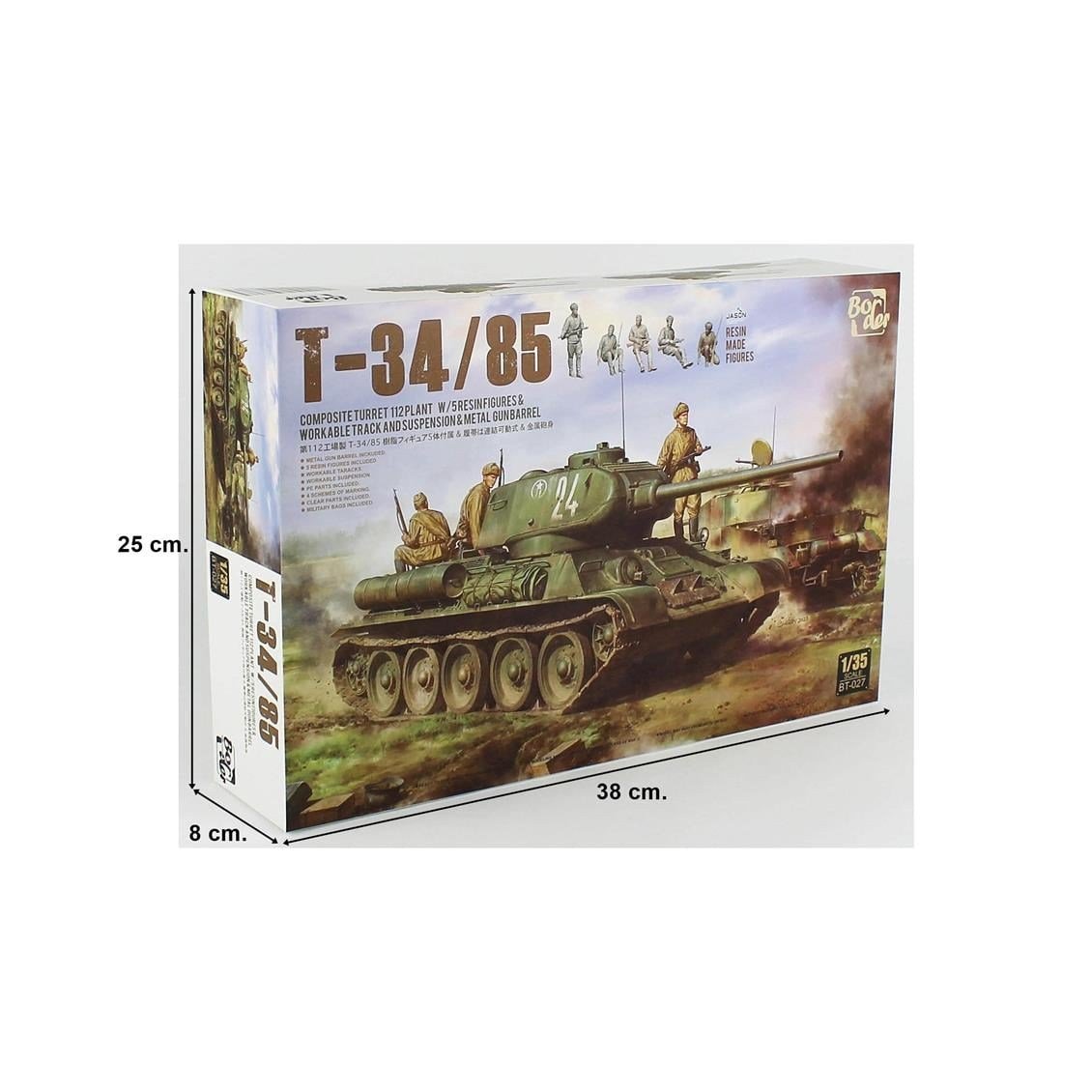 Border BT-027 1/35 Ölçek, T-34/85 Tankı, 112 Plant, Metal Namlu ve 5 Resin Figürlü, Plastik Model Kiti