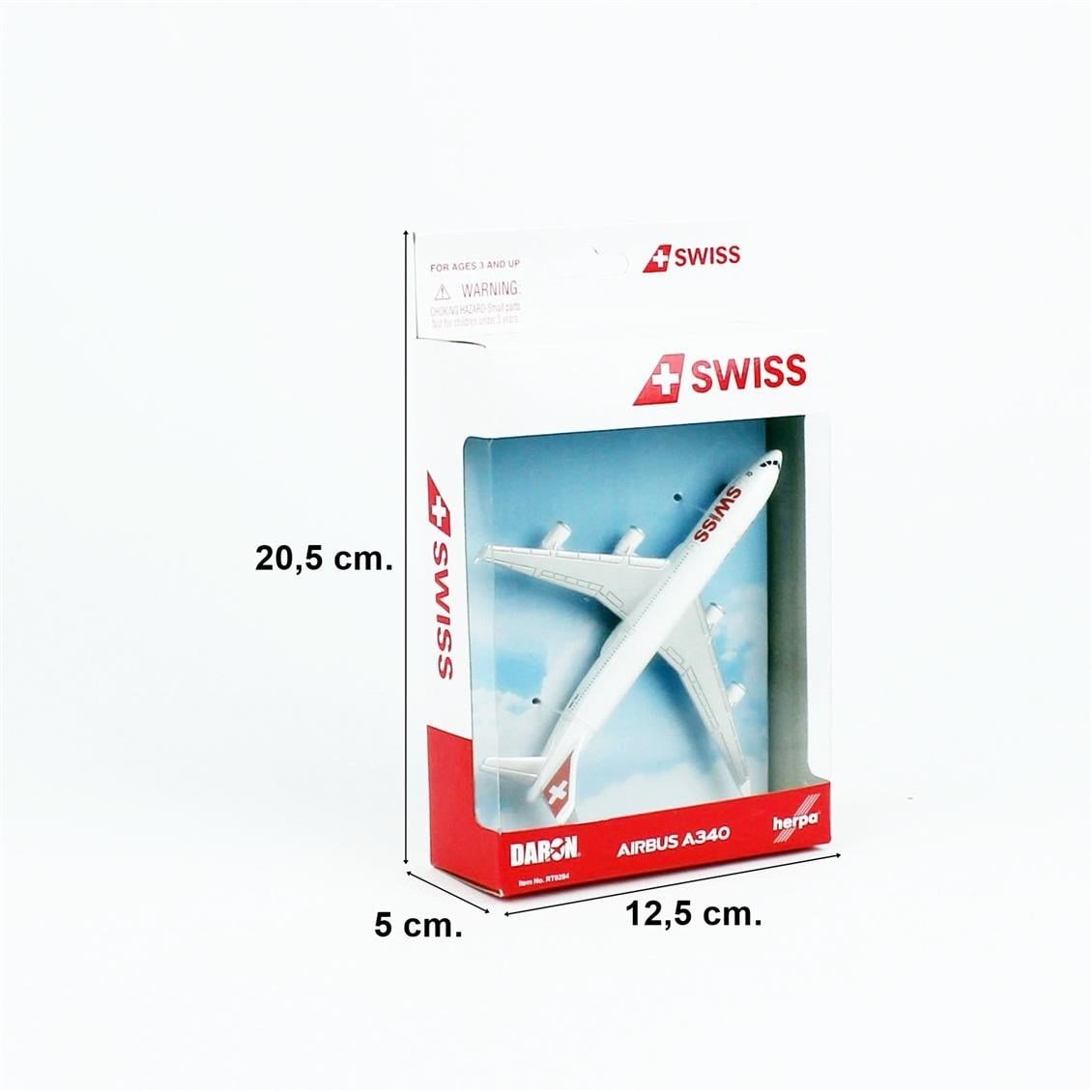 Daron 86RT-0284 Swiss A340, 12,5 cm. Metal Gövde, Plastik Kanatlar, Sergilemeye Hazır Model Yolcu Uçağı