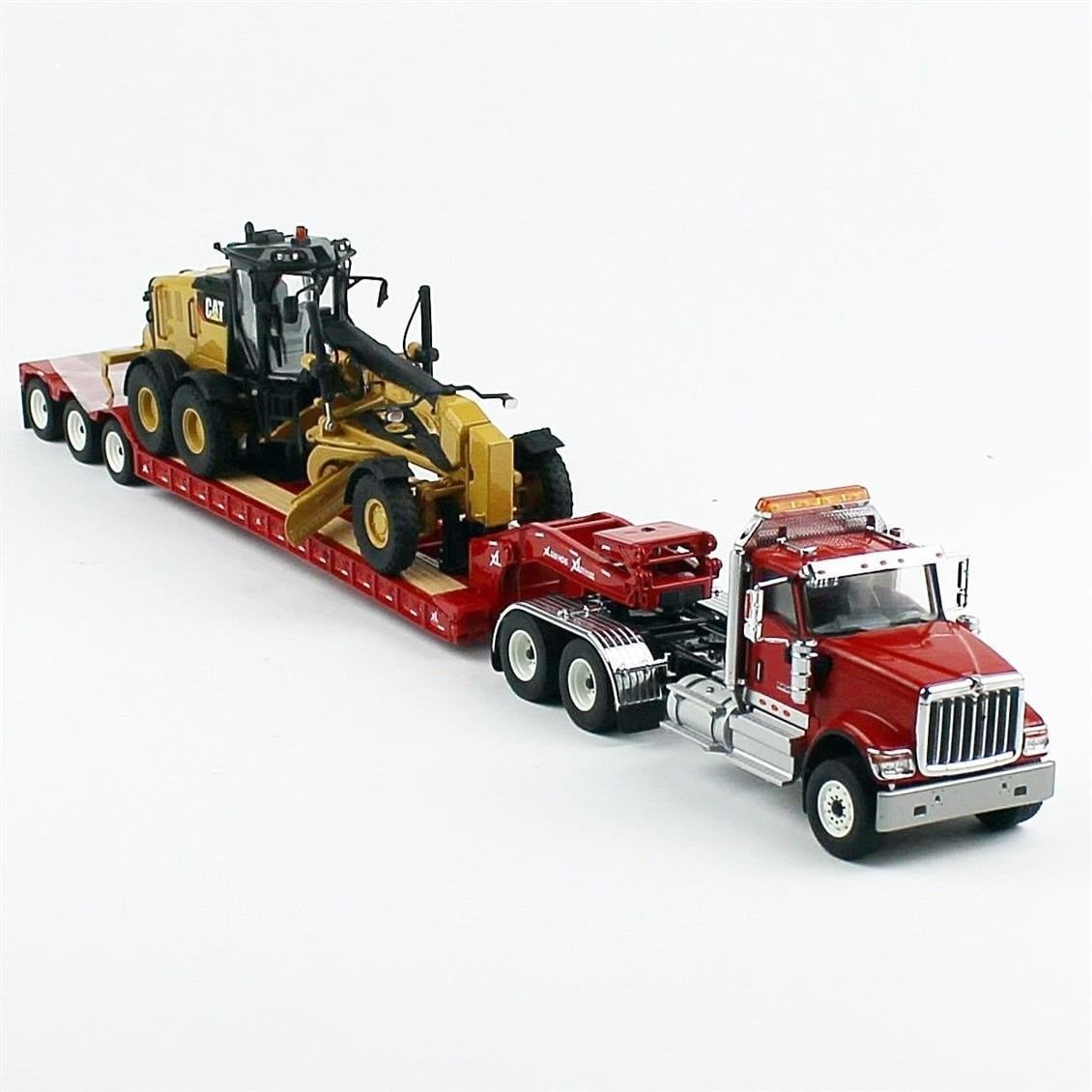 Diecast Masters 85598 1/50 Ölçek, International HX520 Kırmızı Çekici + XL 120 Dorse ve Cat 12M3 Grayder, Sergilemeye Hazır Meta