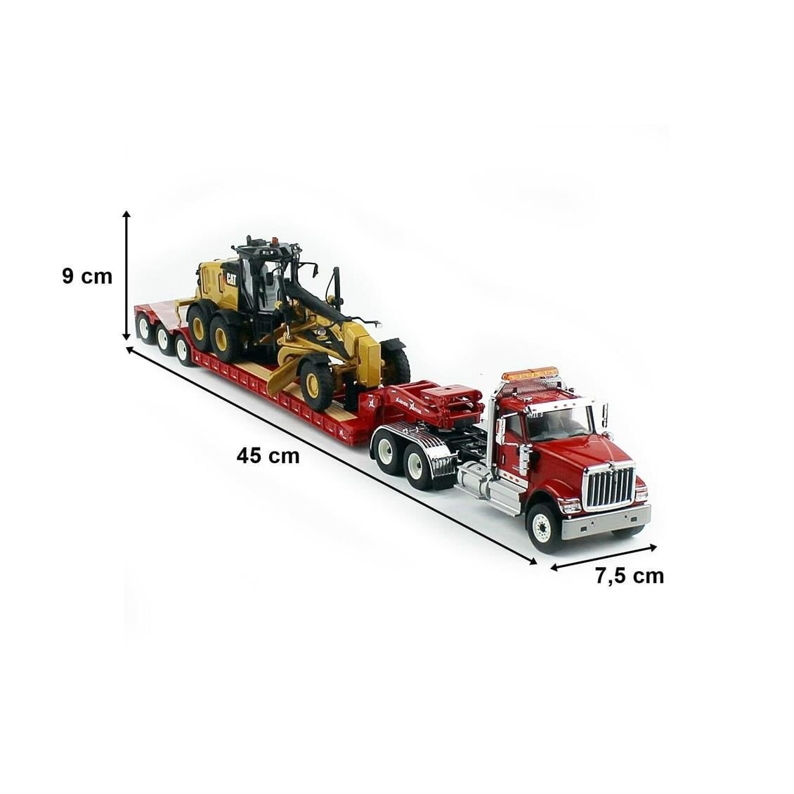 Diecast Masters 85598 1/50 Ölçek, International HX520 Kırmızı Çekici + XL 120 Dorse ve Cat 12M3 Grayder, Sergilemeye Hazır Meta