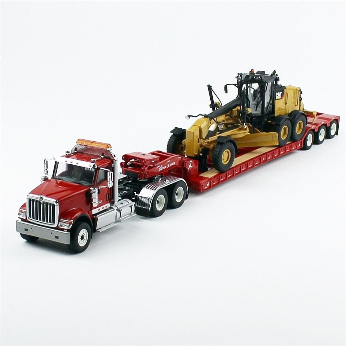 Diecast Masters 85598 1/50 Ölçek, International HX520 Kırmızı Çekici + XL 120 Dorse ve Cat 12M3 Grayder, Sergilemeye Hazır Meta