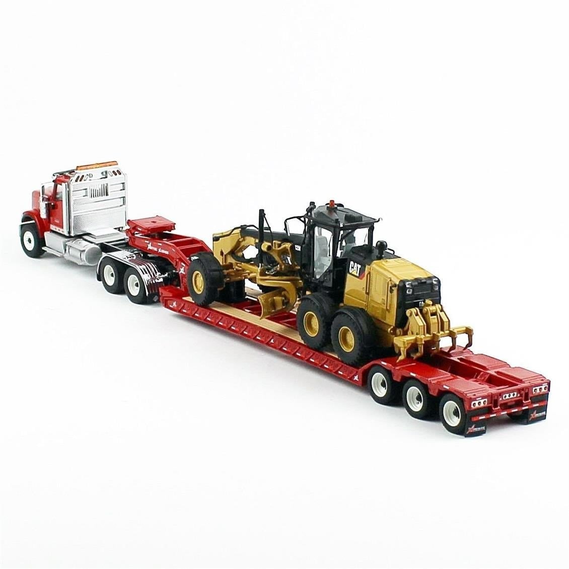 Diecast Masters 85598 1/50 Ölçek, International HX520 Kırmızı Çekici + XL 120 Dorse ve Cat 12M3 Grayder, Sergilemeye Hazır Meta