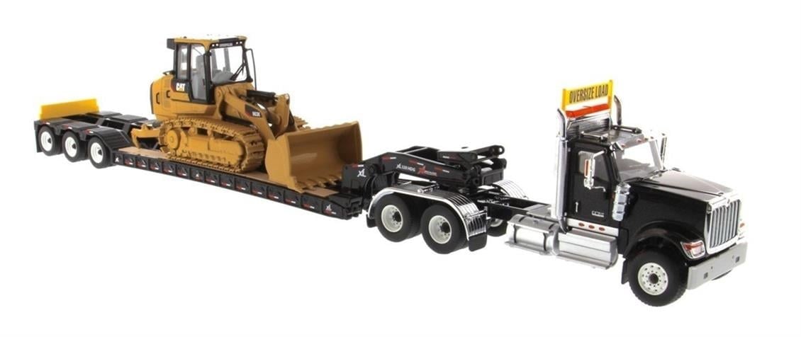 Diecast Masters 85599 1/50 Ölçek, International HX520 Siyah Çekici + XL 120 Dorse ve Cat 963K Dozer, Sergilemeye Hazır Metal Mo