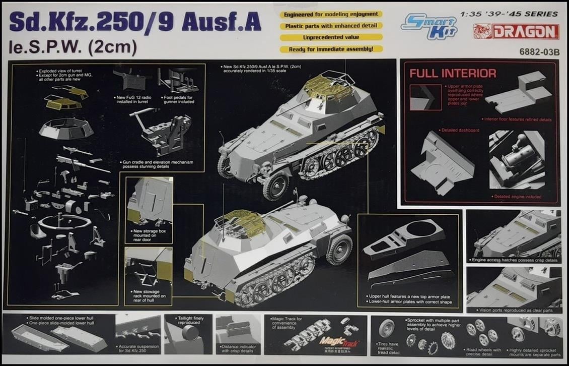 Dragon 6882 1/35 Ölçek, Sd.Kfz.250/9 Ausf.A le.S.P.W. (2cm) Yarı Paletli Askeri Araç Plastik Model Kiti