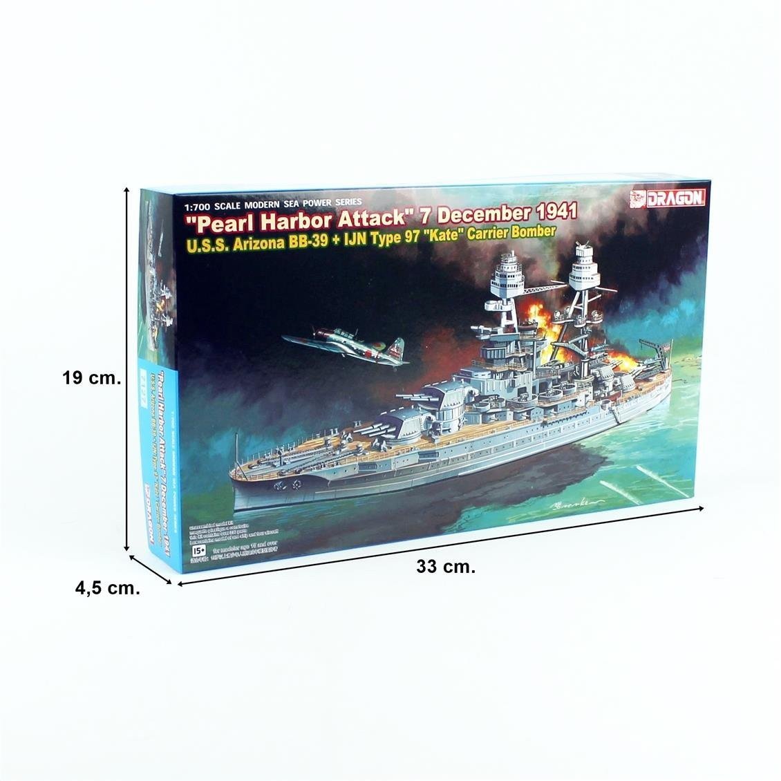 Dragon 7127 1/700 Ölçek, U.S.S. Arizona BB-39 Savaş Gemisi ve IJN Type 97 (Kate) Bombardıman Uçağı plastik Model Kiti