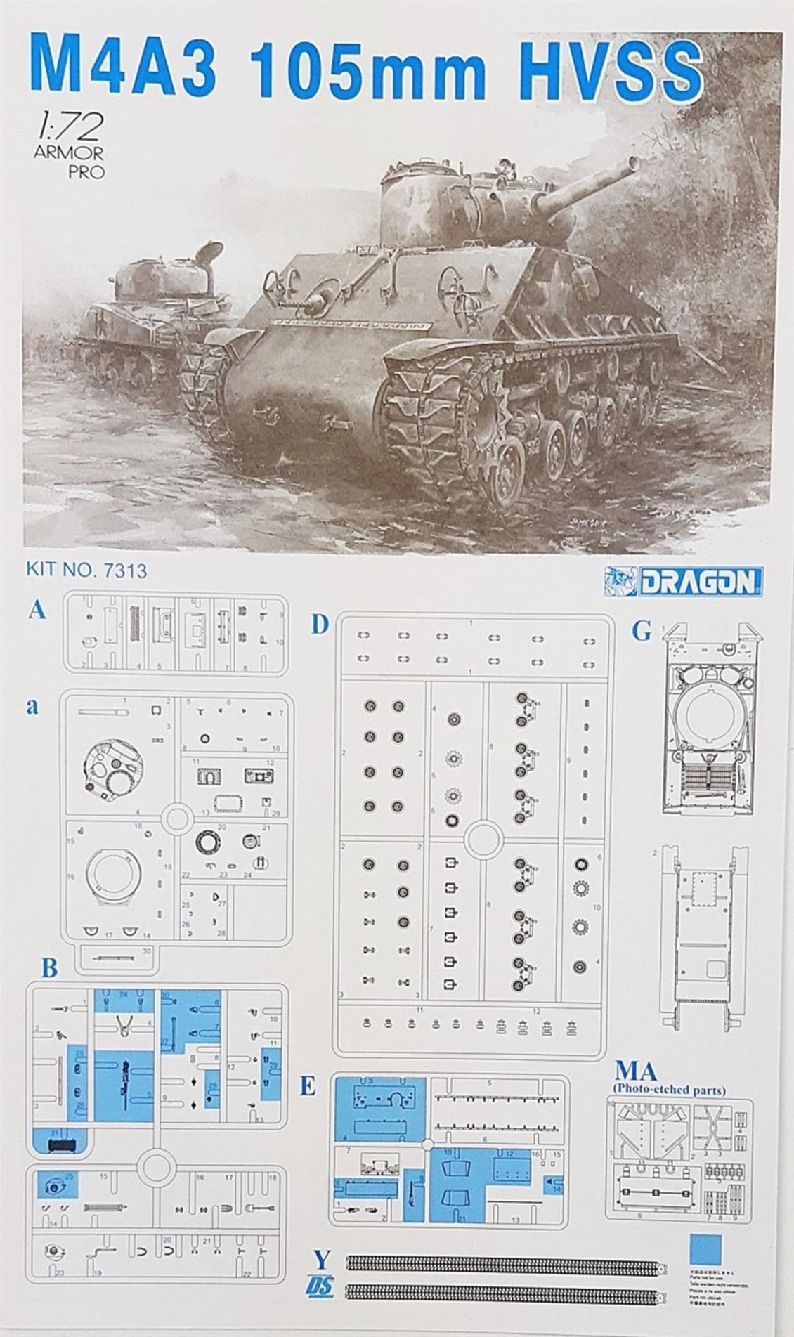 Dragon 7313 1/72 Ölçek, Sherman M4A3 105mm HVSS Tankı Plastik Model Kiti