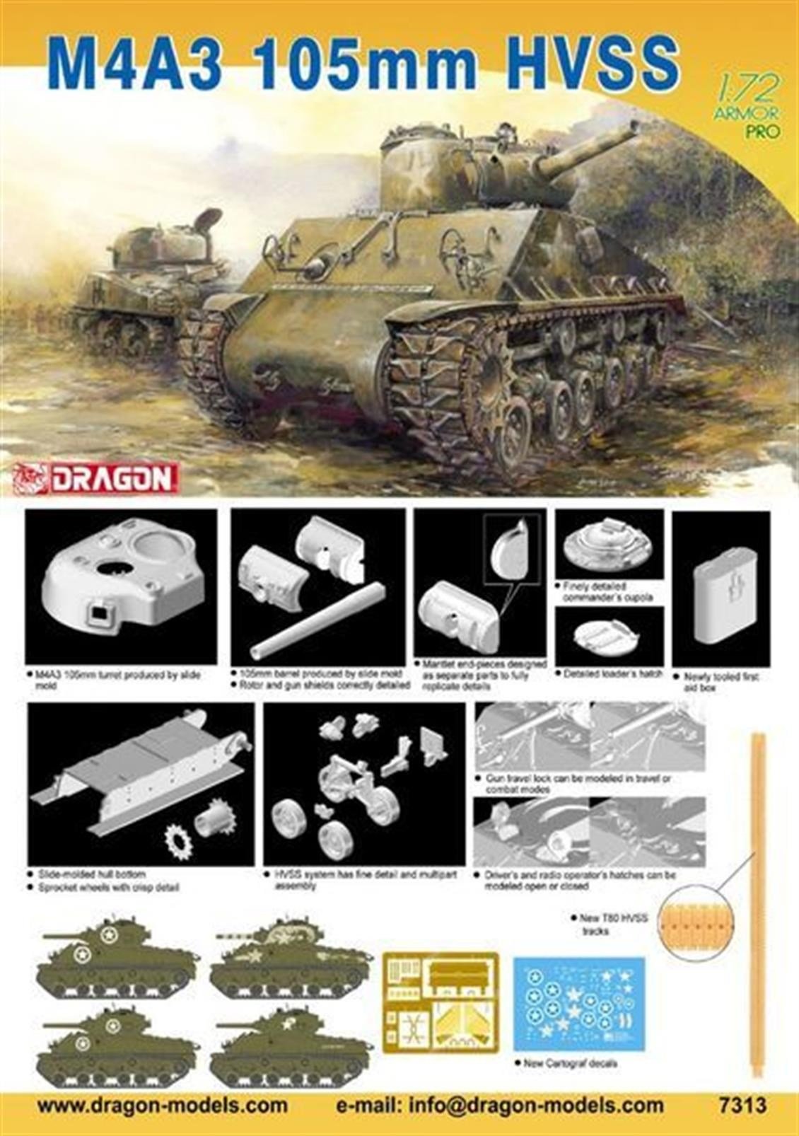 Dragon 7313 1/72 Ölçek, Sherman M4A3 105mm HVSS Tankı Plastik Model Kiti