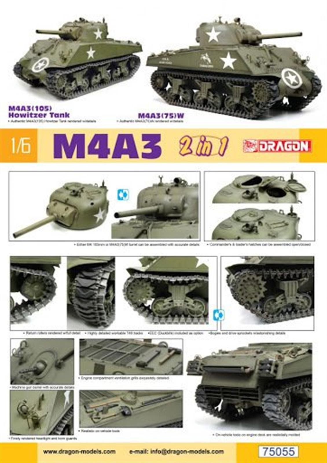 Dragon 75055X 1/6 Ölçek, M4A3 105mm Howitzer (with.50-cal machine gun) Tankı Plastik Model Kiti