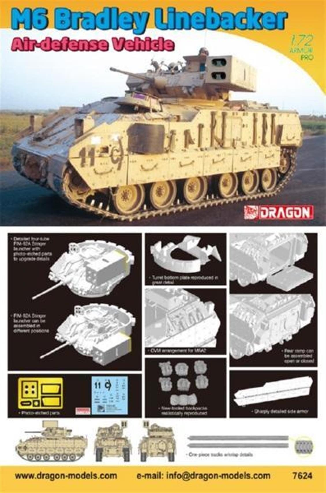 Dragon 7624 1/72 Ölçek, M6 Bradley Linebacker Uçak Savar Tankı Plastik Model Kiti