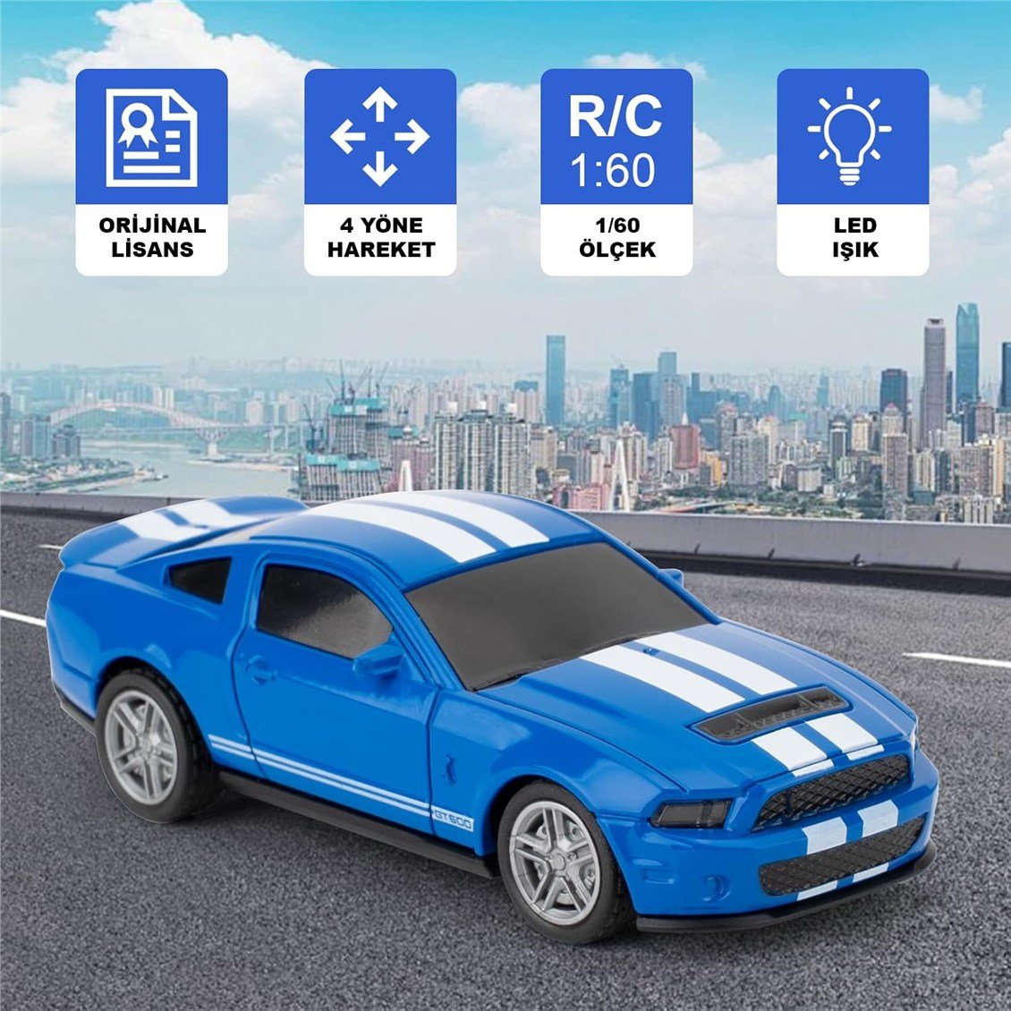 Ford Mustang GT500, Mavi, 1/60 Ölçek, 2.4Ghz 4 Kanal Uzaktan Kumandalı Araba