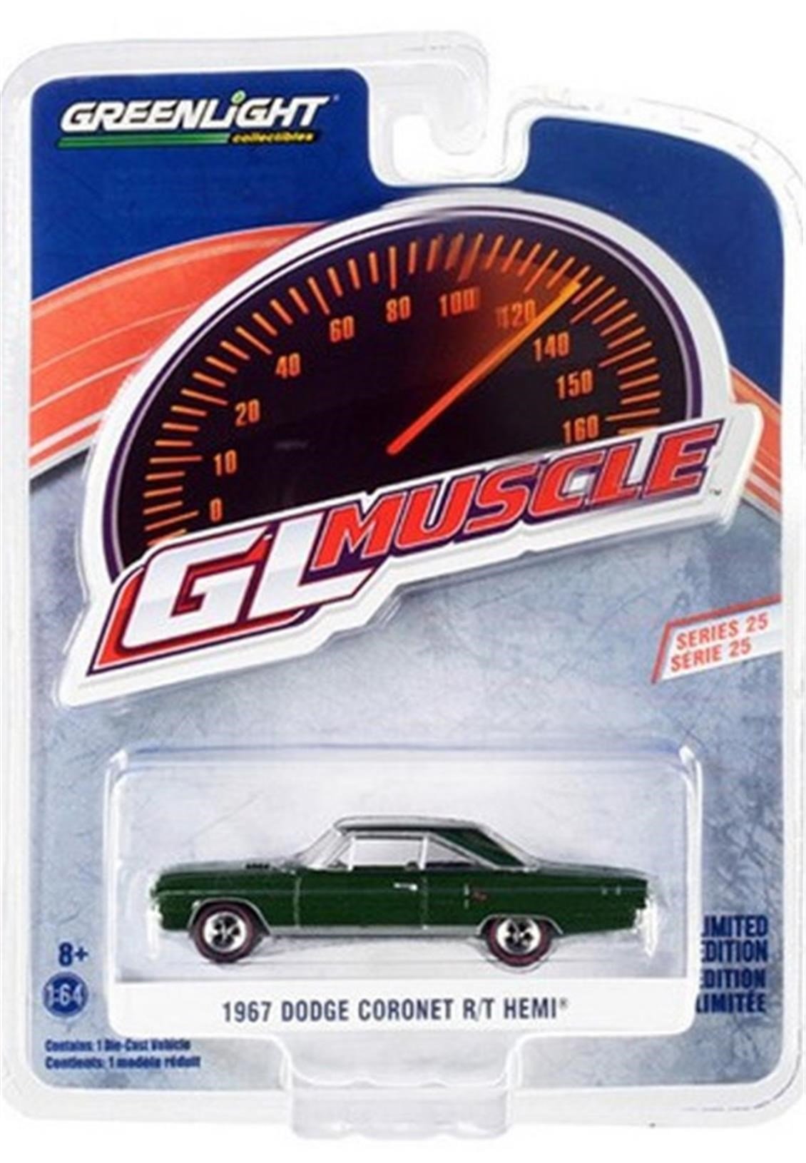 Greenlight 13300A 1/64 Ölçek, 1967 Dodge Coronet R/T Hemi (Muscle Series 25), Koyu Yeşil Sergilemeye Hazır Metal Araba Modeli