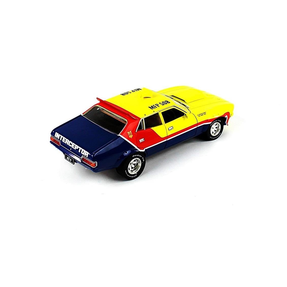 Greenlight 13574 1/18 Ölçek, 1974 Ford Falcon XB 4-Door Dedan MFP (First of the V8 Interceptor 1979), Sarı-Mavi-Kırmızı, Sergil