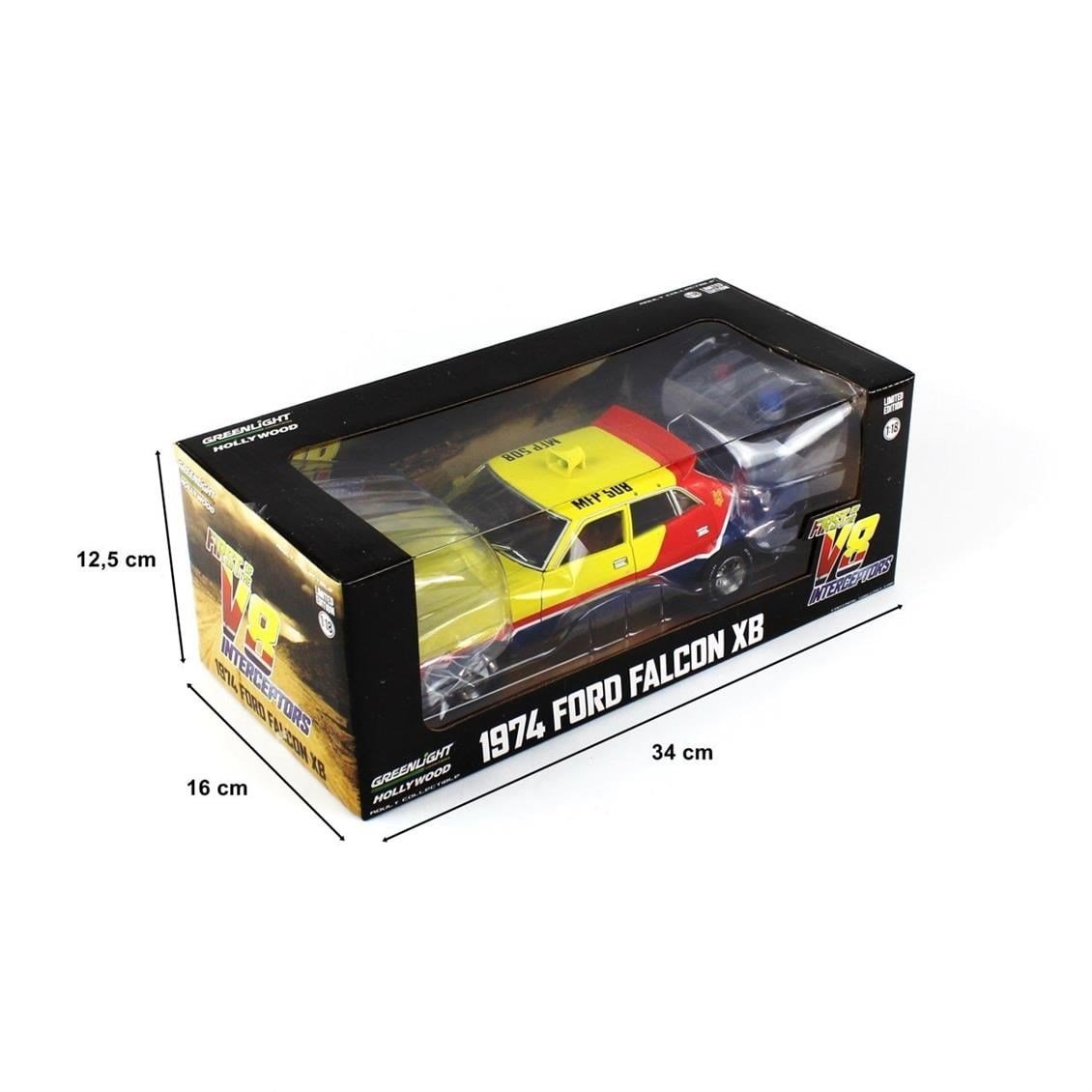 Greenlight 13574 1/18 Ölçek, 1974 Ford Falcon XB 4-Door Dedan MFP (First of the V8 Interceptor 1979), Sarı-Mavi-Kırmızı, Sergil